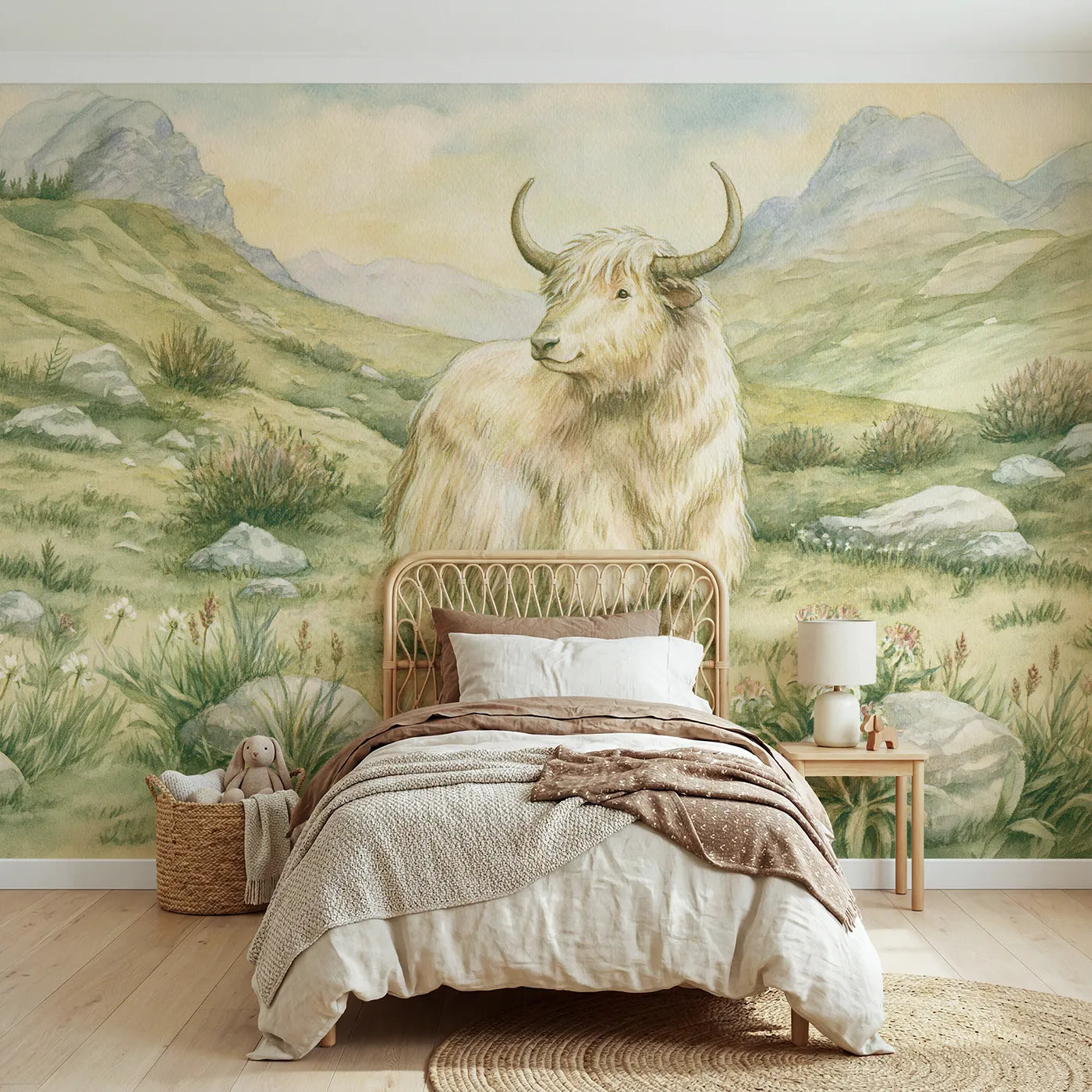 Mountain wall mural of a gentle shaggy yak by Whimsy Tots