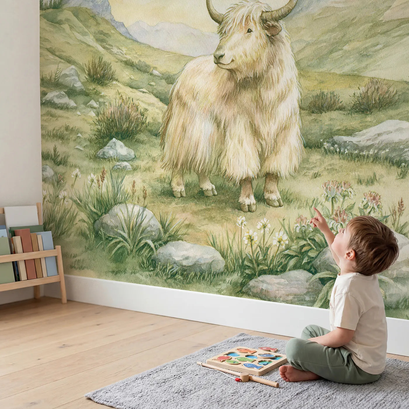 Child in nursery with Gentle Mountain Yak Wallpaper Mural by Whimsy Tots