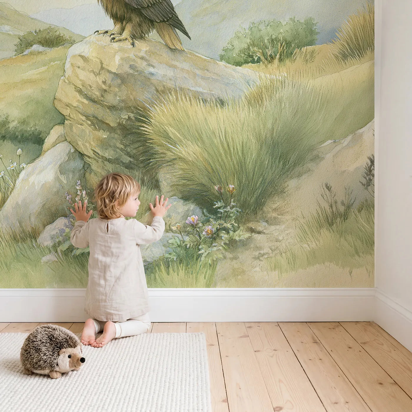 Child in nursery with Golden Eagle Wallpaper Mural by Whimsy Tots