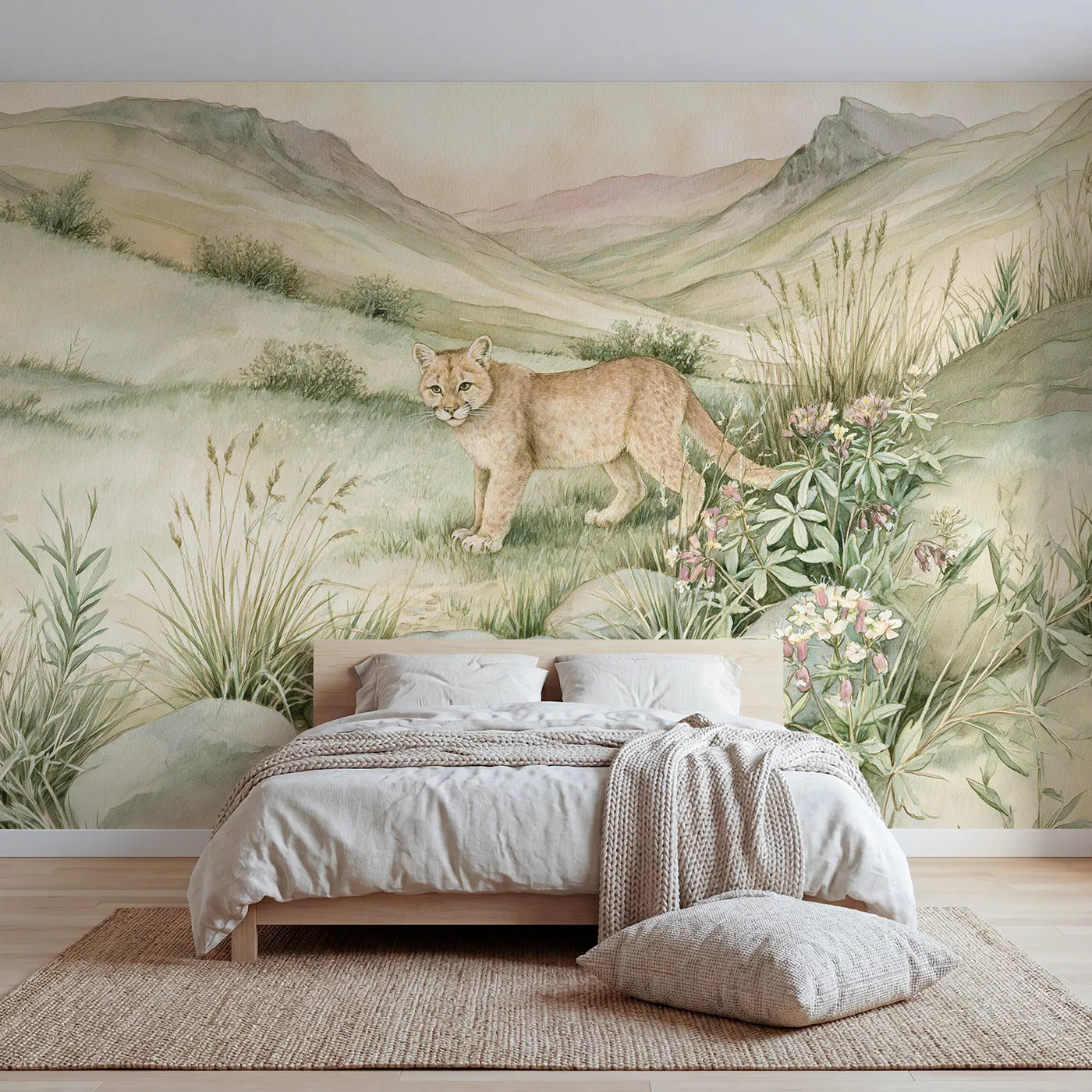 Mountain wall mural of a gentle resting cougar by Whimsy Tots