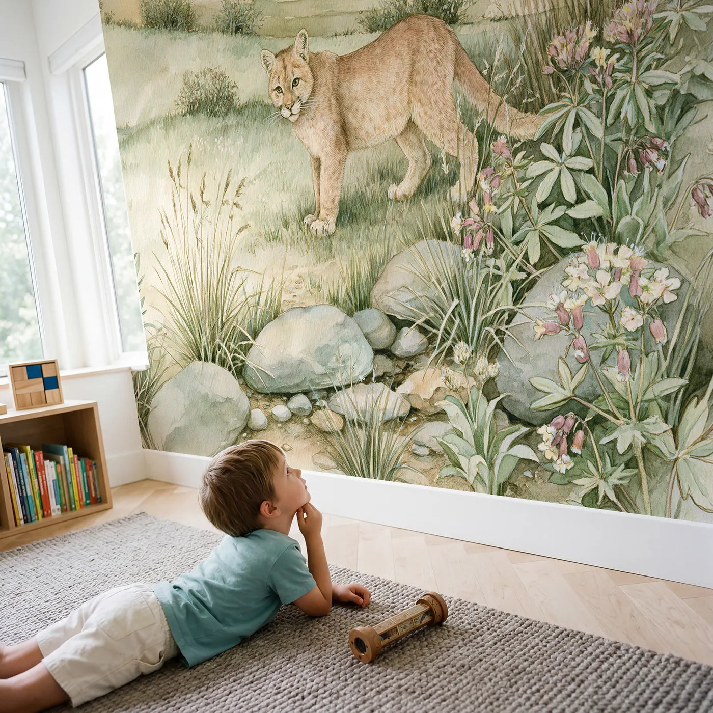 Child in nursery with Gentle Mountain Cougar Wallpaper Mural by Whimsy Tots