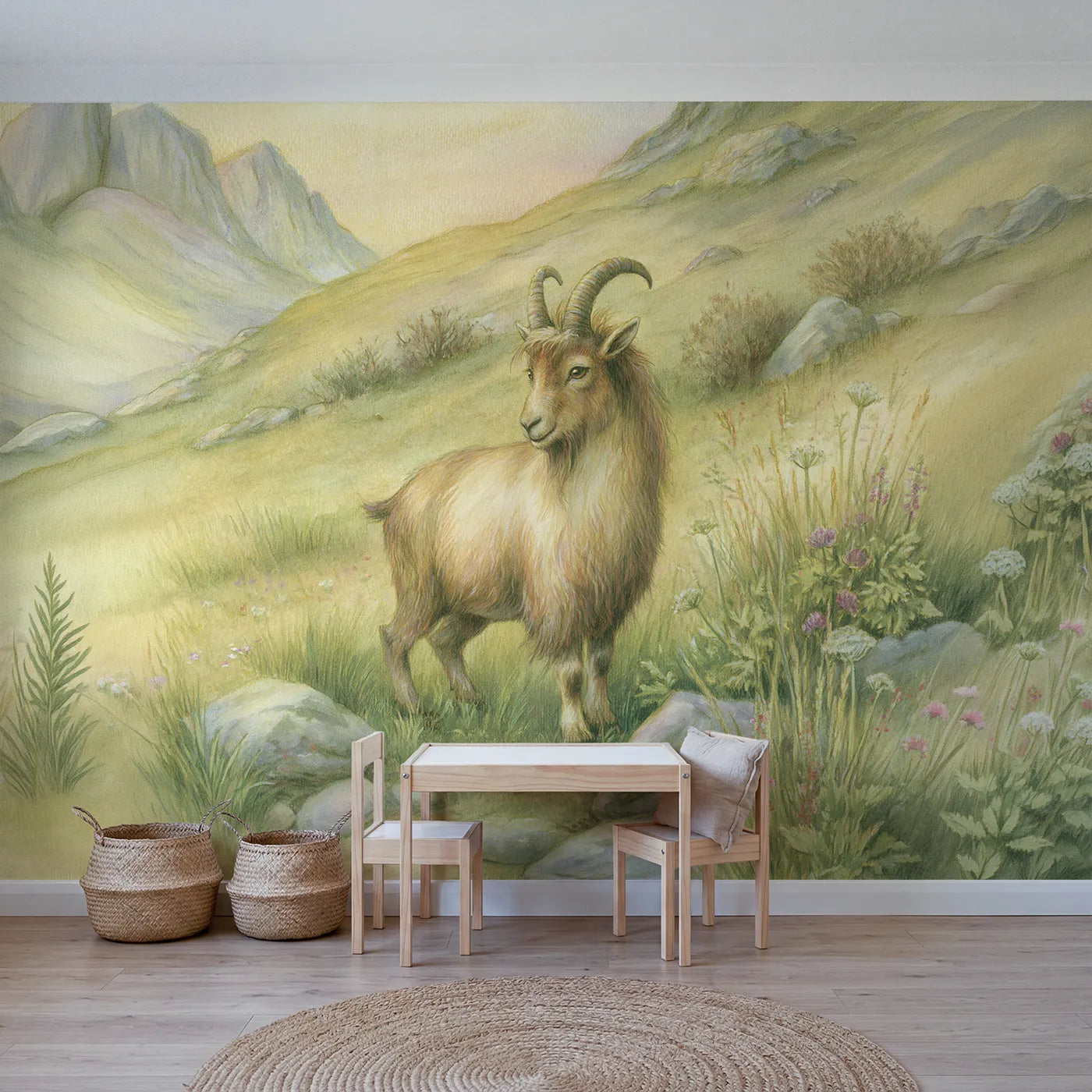 Mountain wall mural of a sure-footed Himalayan tahr by Whimsy Tots