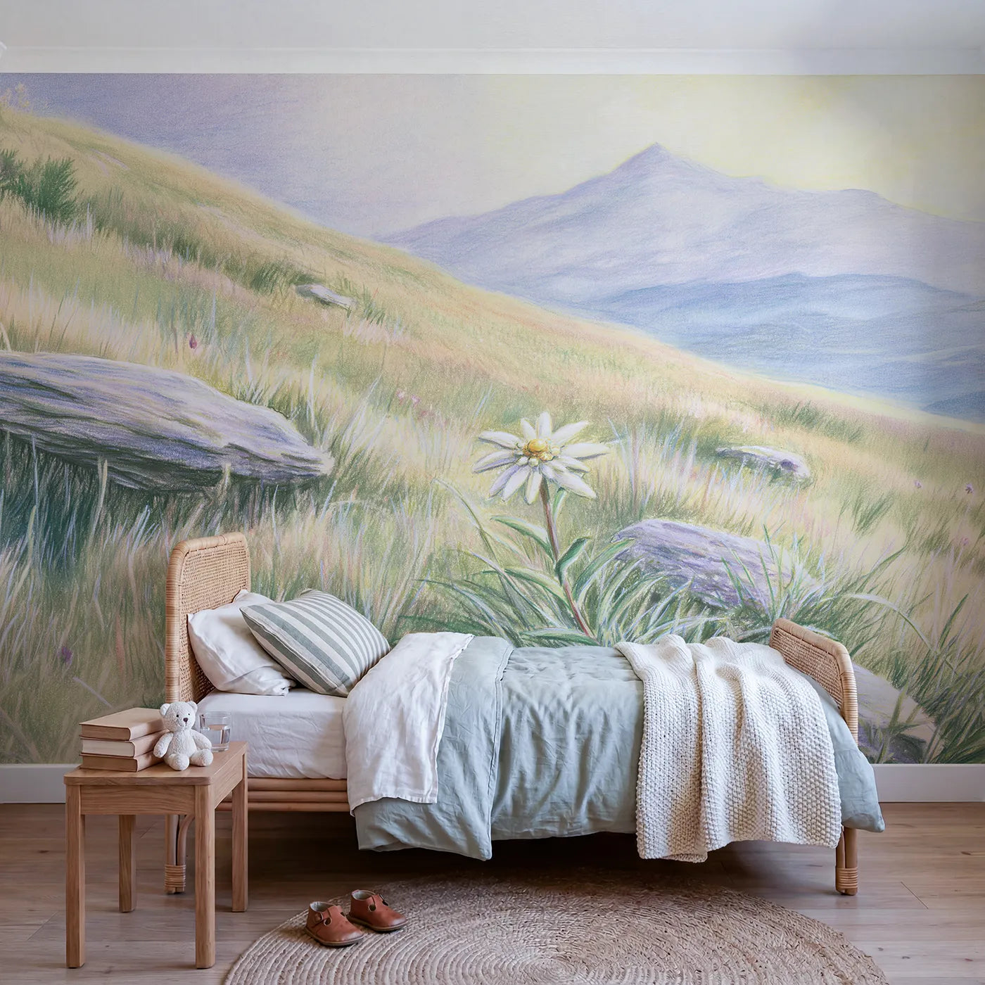 Alpine wall mural of a soft white edelweiss by Whimsy Tots