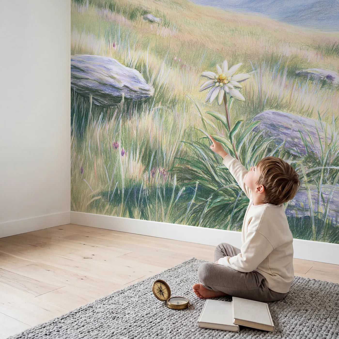 Child in nursery with Soft Edelweiss Wallpaper Mural by Whimsy Tots