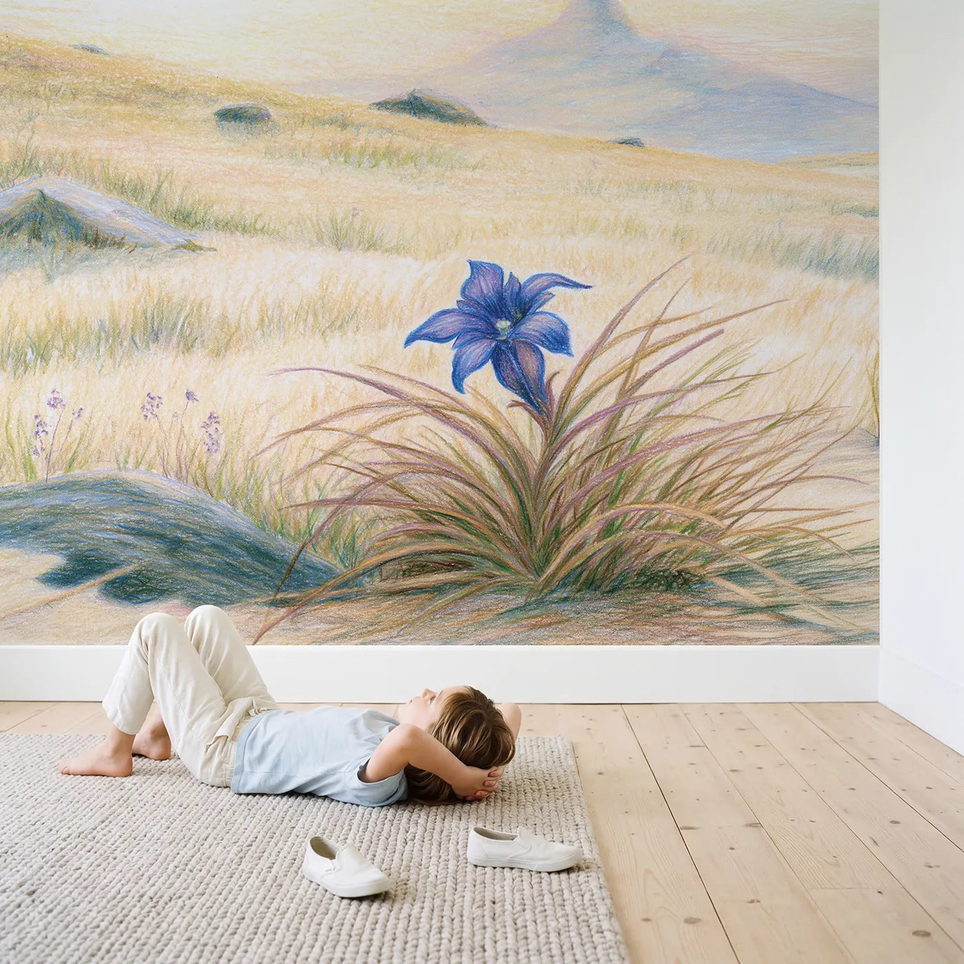 Child in nursery with Alpine Gentian Wallpaper Mural by Whimsy Tots