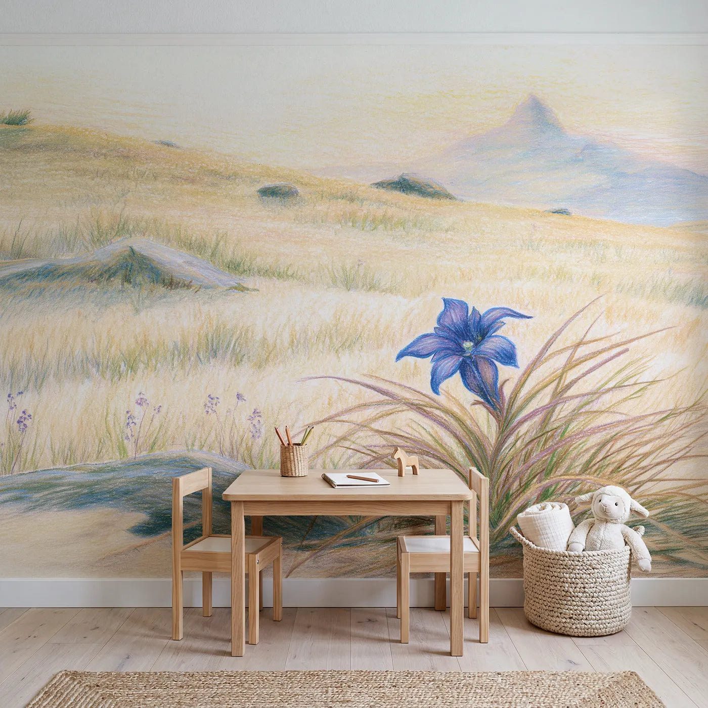 Alpine Gentian Wallpaper Mural in playroom setting by Whimsy Tots