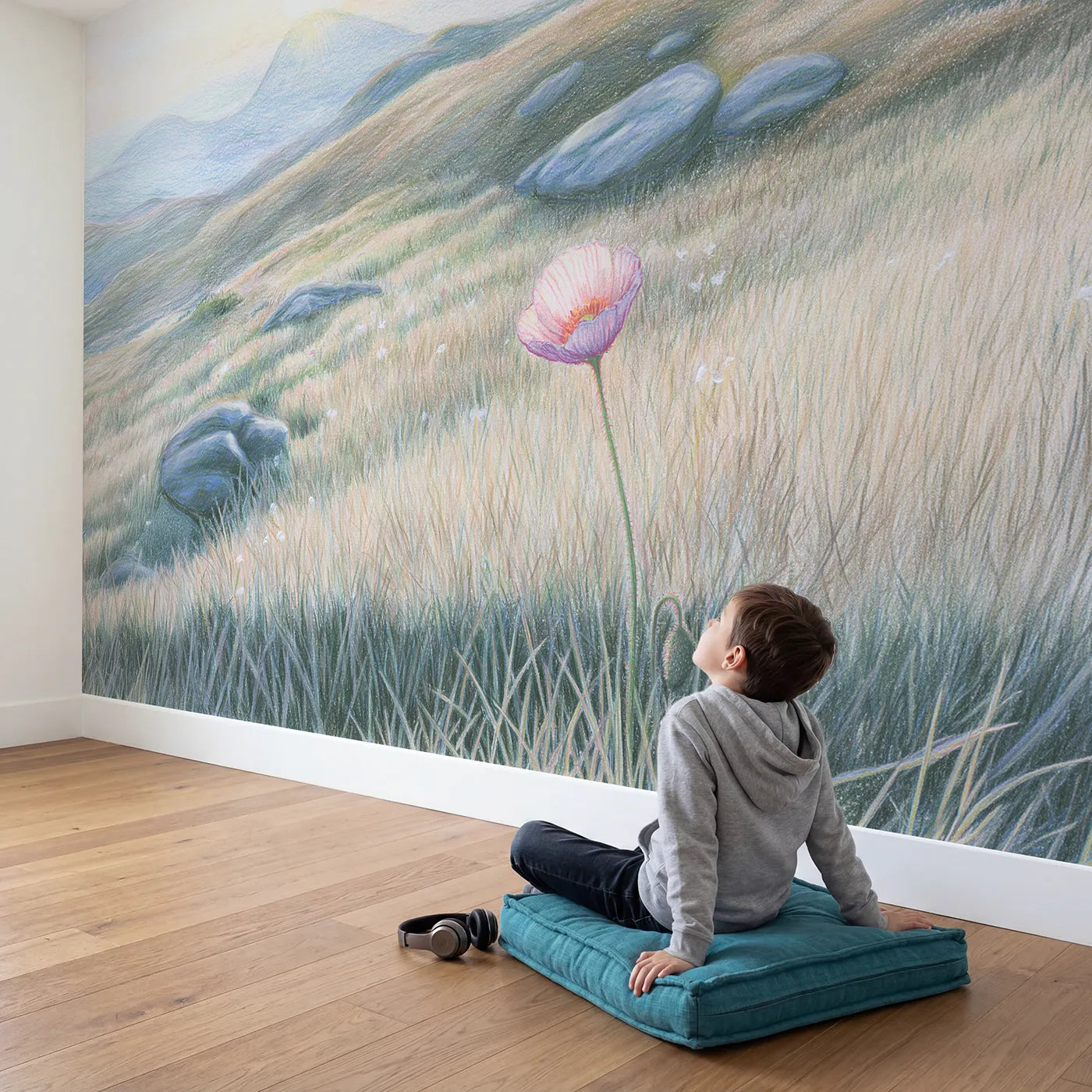 Child in nursery with Alpine Poppy Wallpaper Mural by Whimsy Tots
