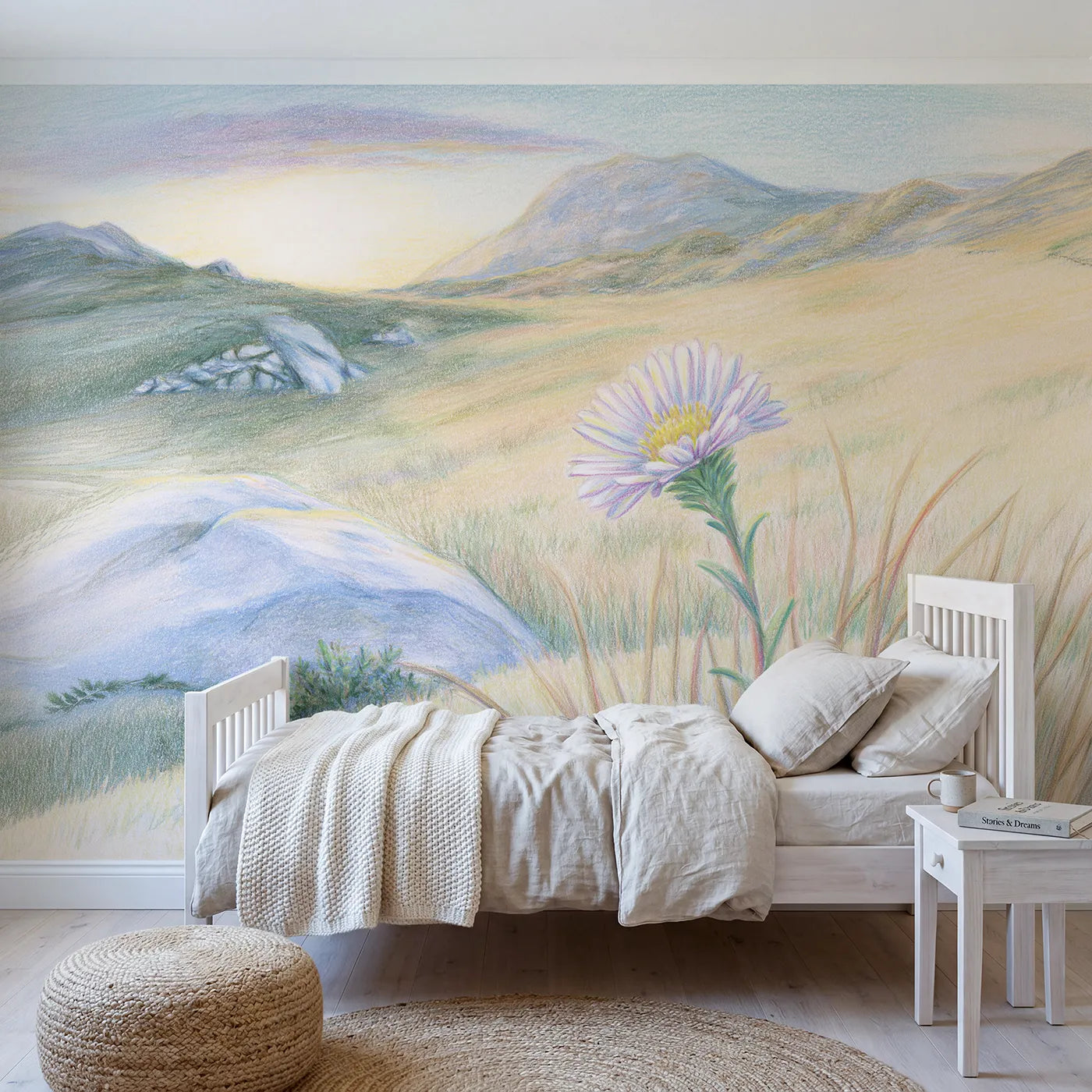 Alpine wall mural of a purple mountain aster by Whimsy Tots