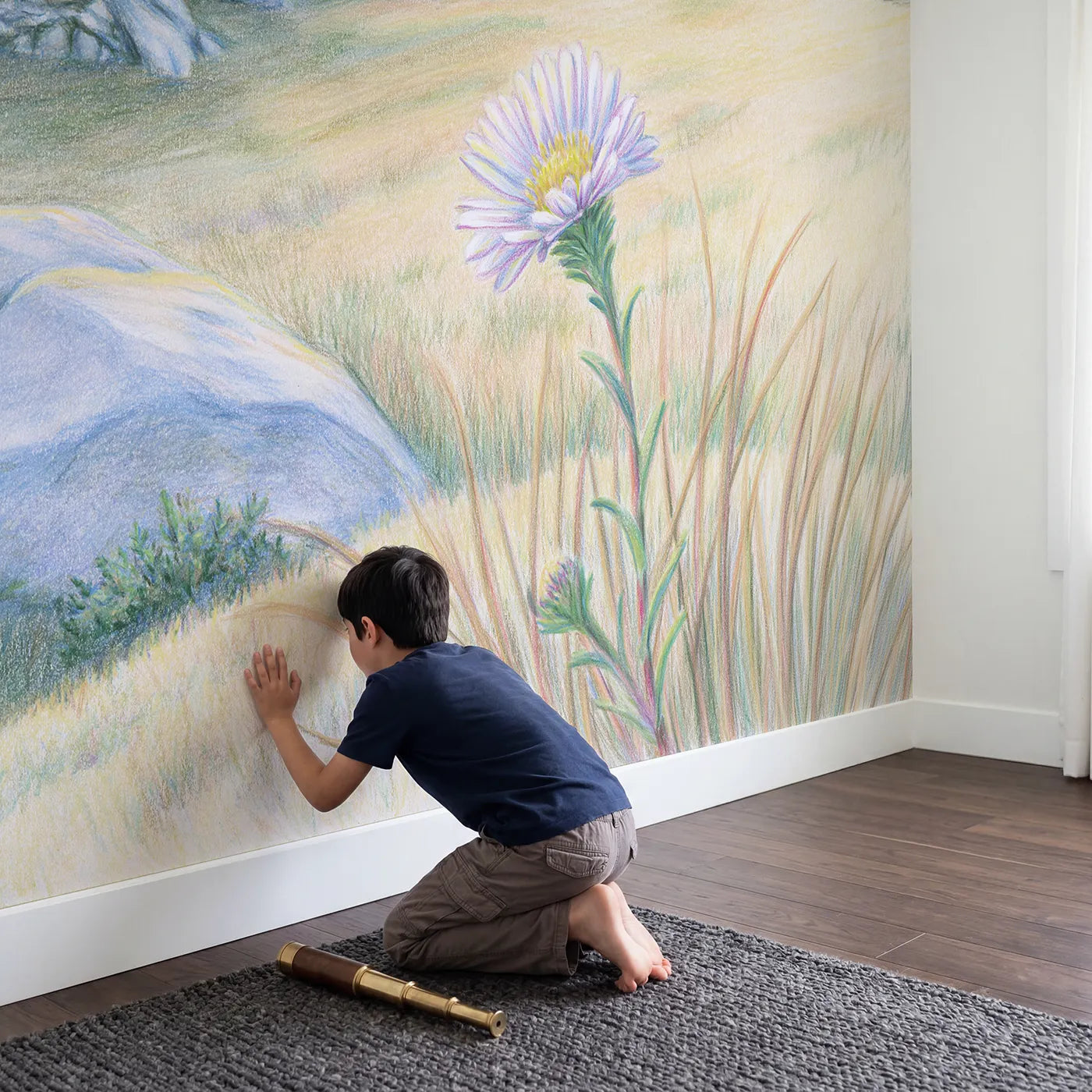 Child in nursery with Alpine Aster Wallpaper Mural by Whimsy Tots