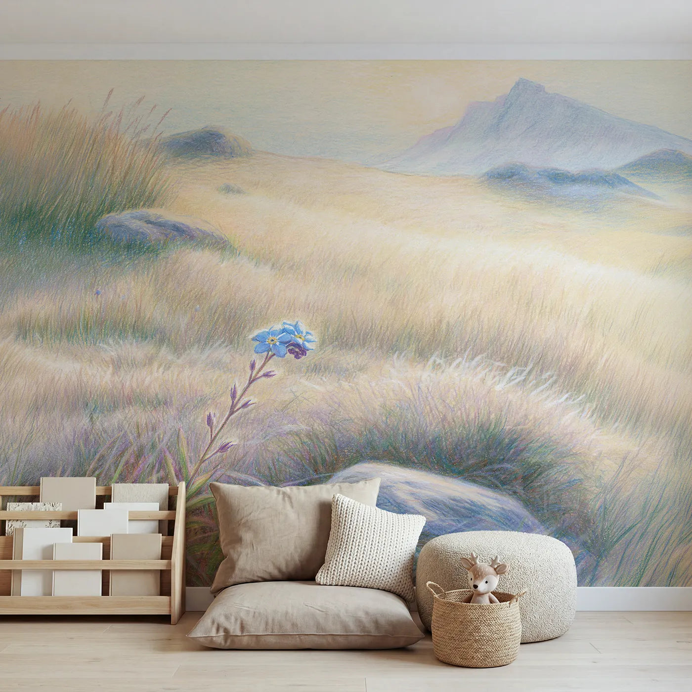 Alpine wall mural of mountain forget-me-nots by Whimsy Tots