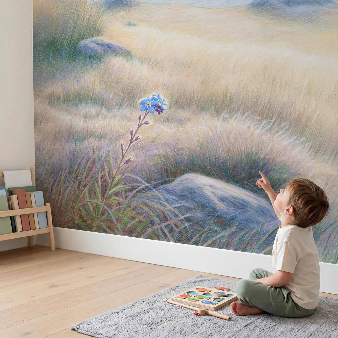 Child in nursery with Mountain Forget-Me-Not Wallpaper Mural by Whimsy Tots