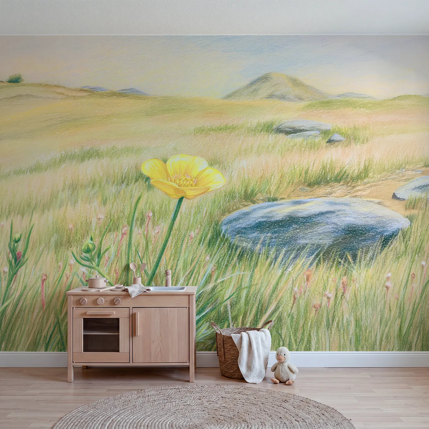 Alpine wall mural of a glossy yellow buttercup by Whimsy Tots