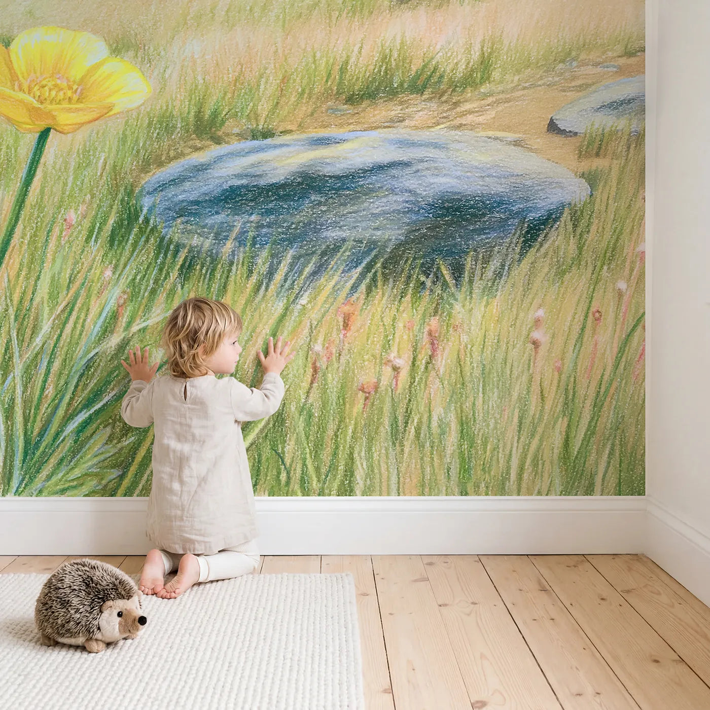 Child in nursery with Alpine Buttercup Wallpaper Mural by Whimsy Tots