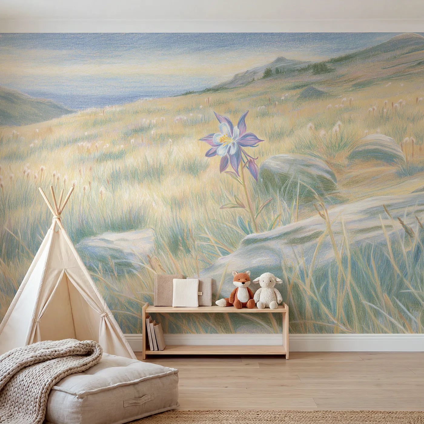 Alpine wall mural of a spurred columbine bloom by Whimsy Tots