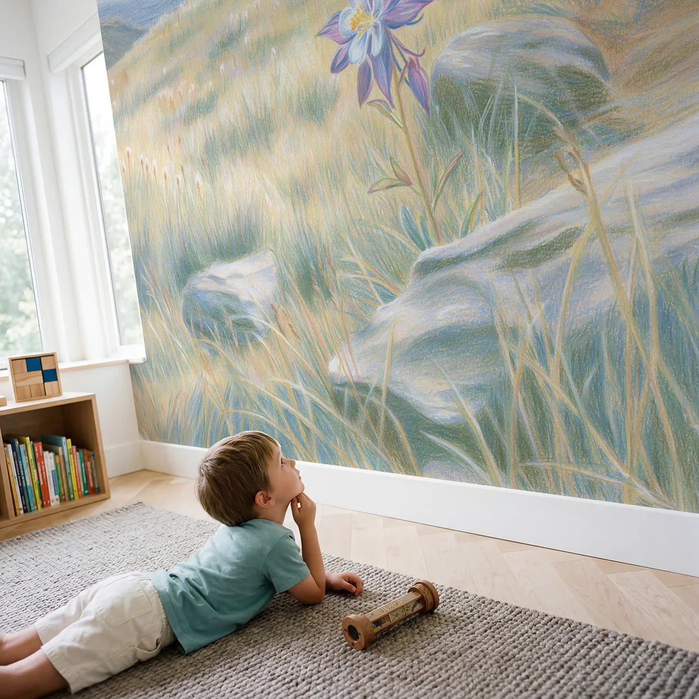 Child in nursery with Alpine Columbine Wallpaper Mural by Whimsy Tots