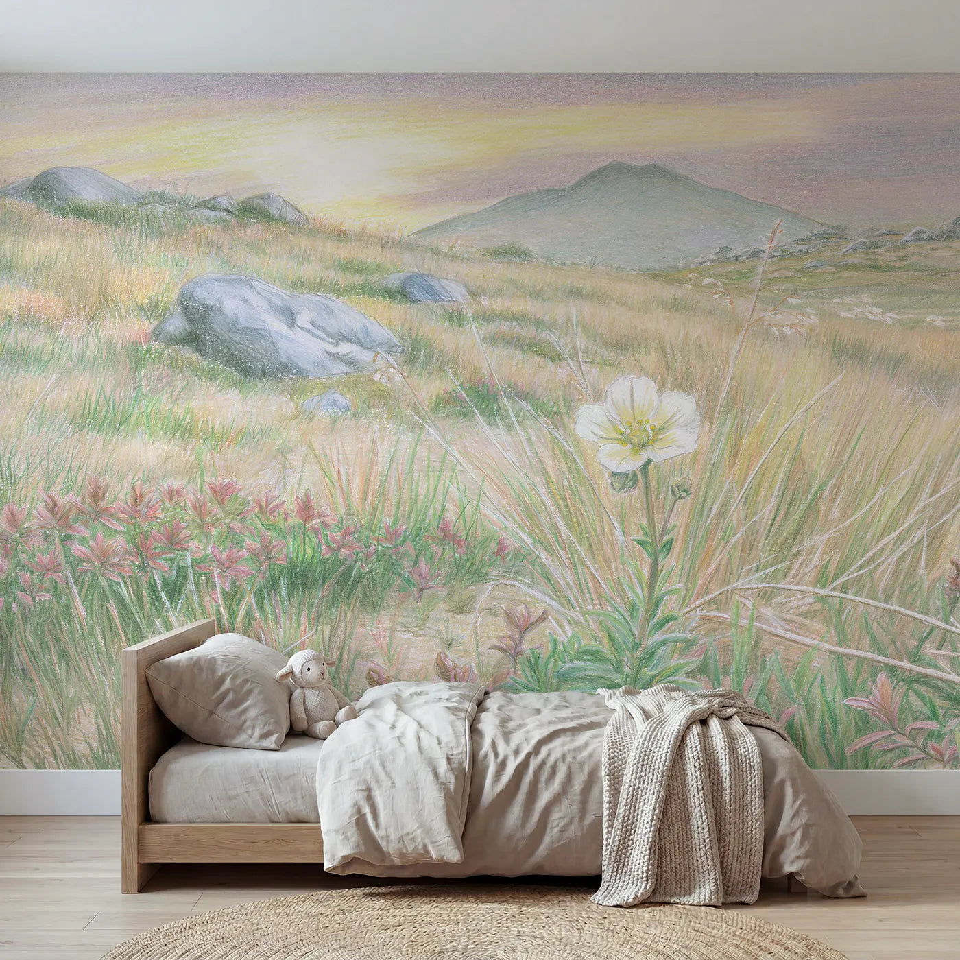 Alpine wall mural of a tiny saxifrage cushion by Whimsy Tots