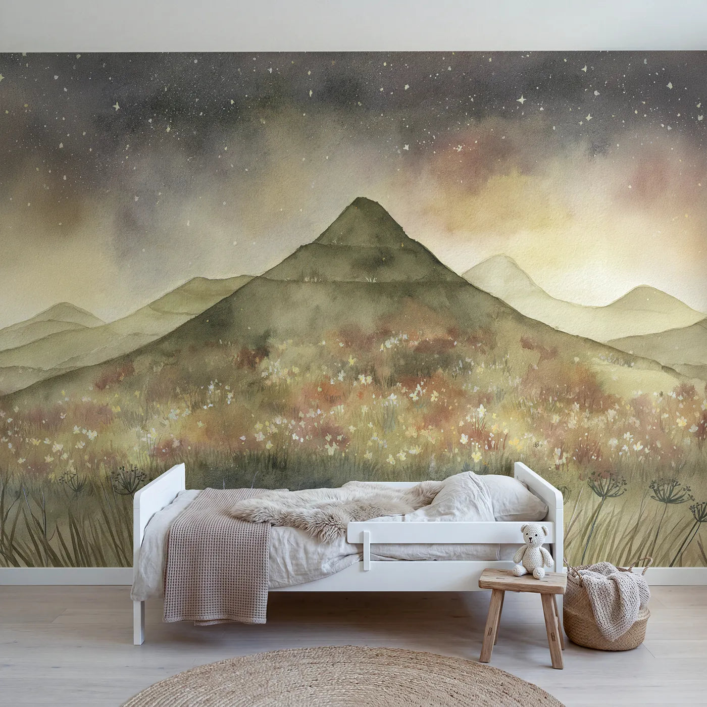 Watercolor wall mural of golden-hour glowing peaks by Whimsy Tots