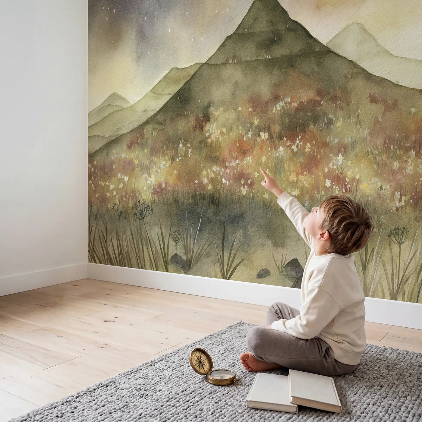 Child in nursery with Starlit Terraced Hills Blooms Wallpaper Mural by Whimsy Tots