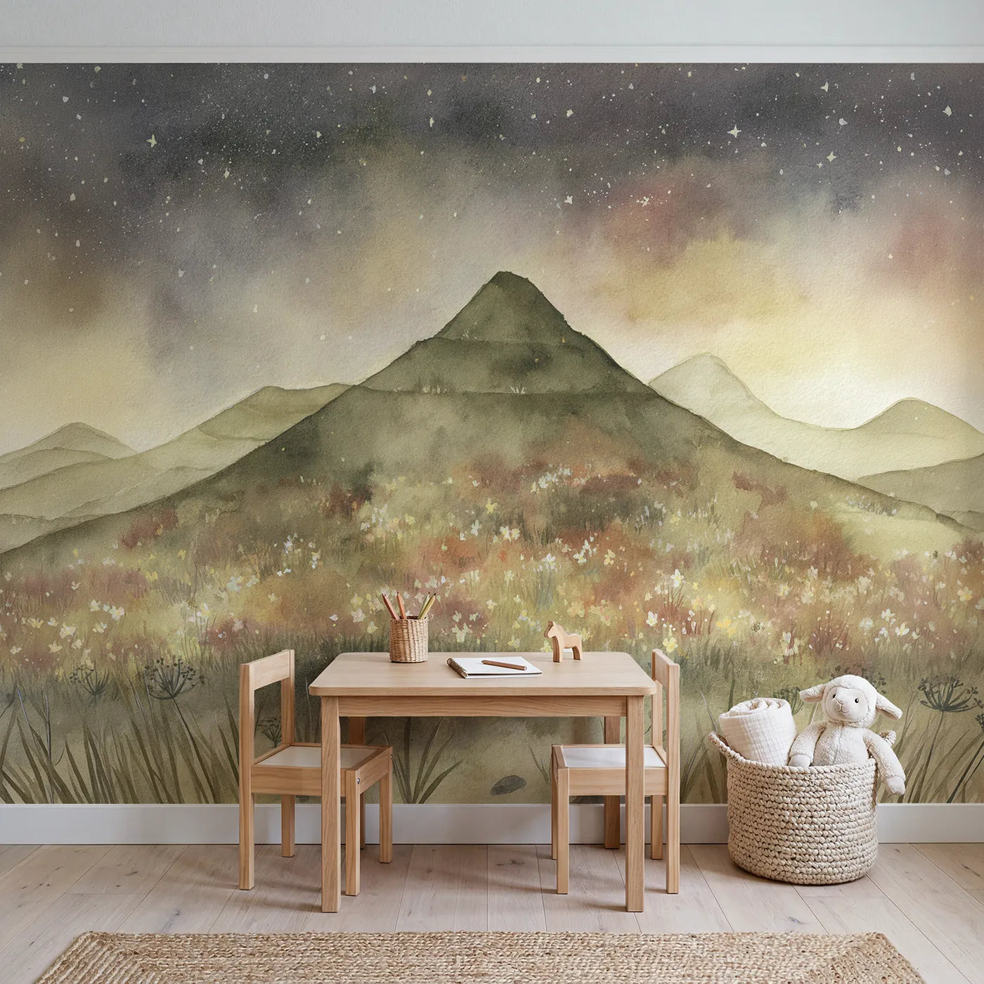 Starlit Terraced Hills Blooms Wallpaper Mural in playroom setting by Whimsy Tots