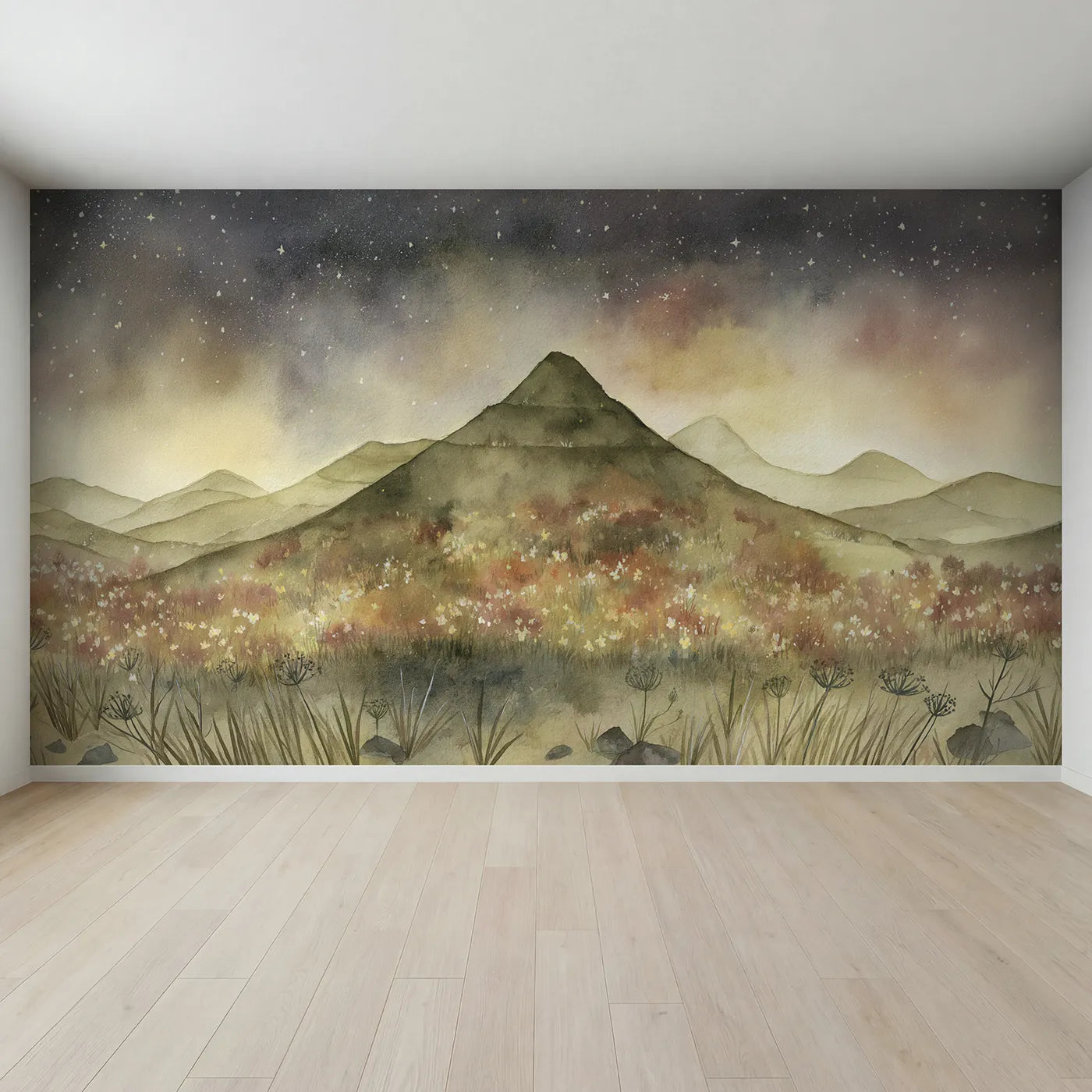 Full view of Starlit Terraced Hills Blooms Wallpaper Mural by Whimsy Tots