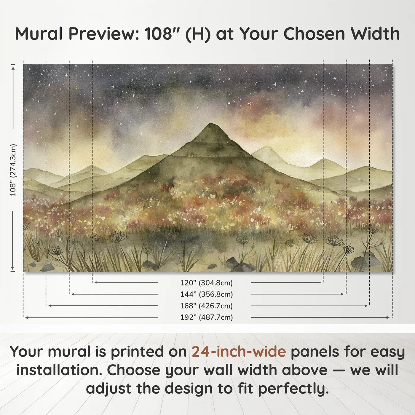 Panel layout and dimensions for Starlit Terraced Hills Blooms Wallpaper Mural by Whimsy Tots