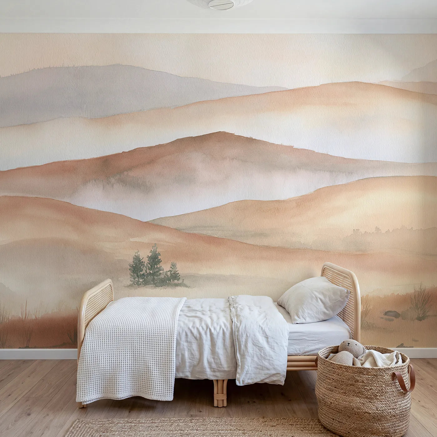 Watercolor wall mural of a valley in warm dusk by Whimsy Tots