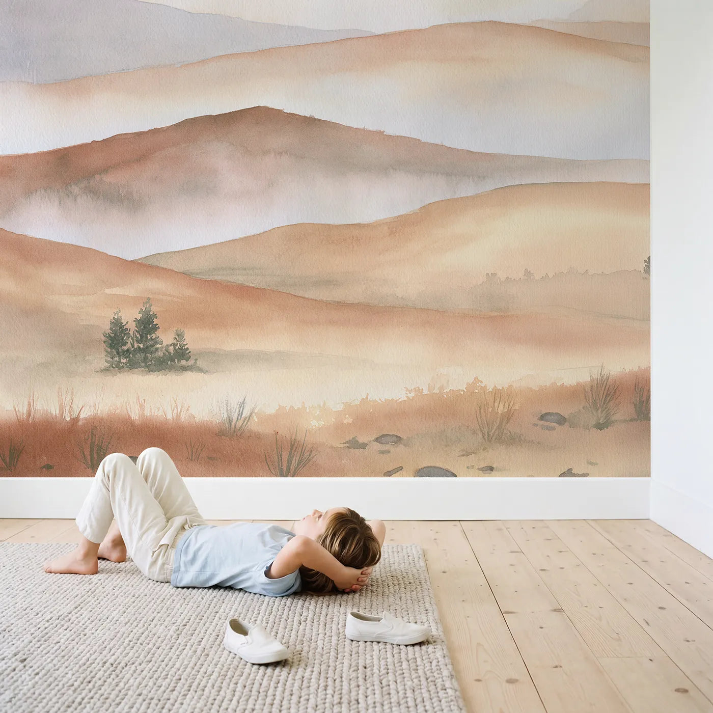 Child in nursery with Dawn Rolling Hills Pines Wallpaper Mural by Whimsy Tots