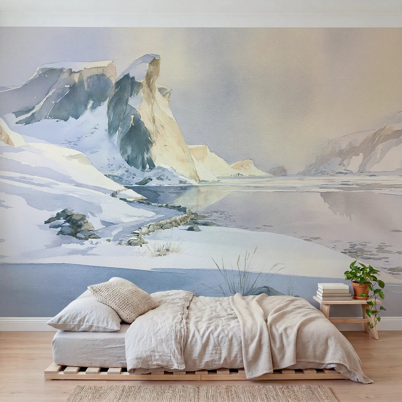 Watercolor wall mural of hills in layered sunset haze by Whimsy Tots