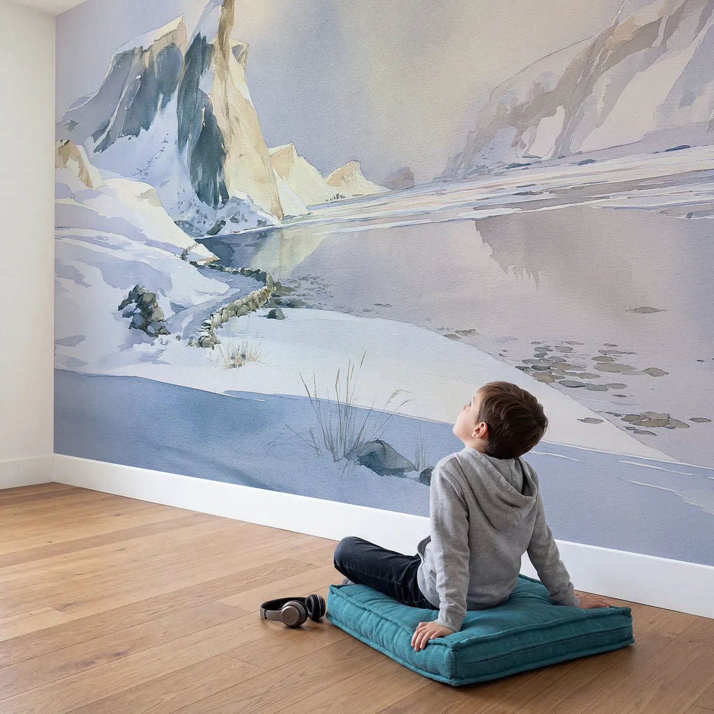 Child in nursery with Morning Fjord Cliffs Wallpaper Mural by Whimsy Tots