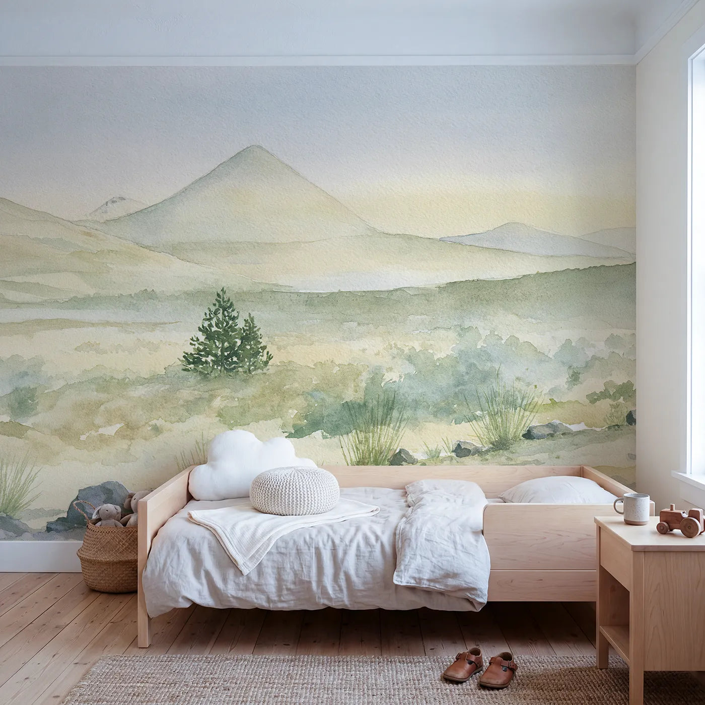 Watercolor wall mural of a golden lake below peaks by Whimsy Tots