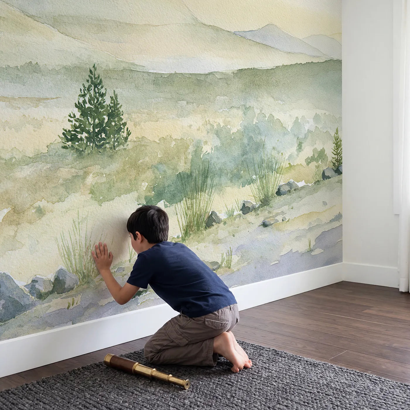 Child in nursery with Morning Volcano Hill Pines Wallpaper Mural by Whimsy Tots