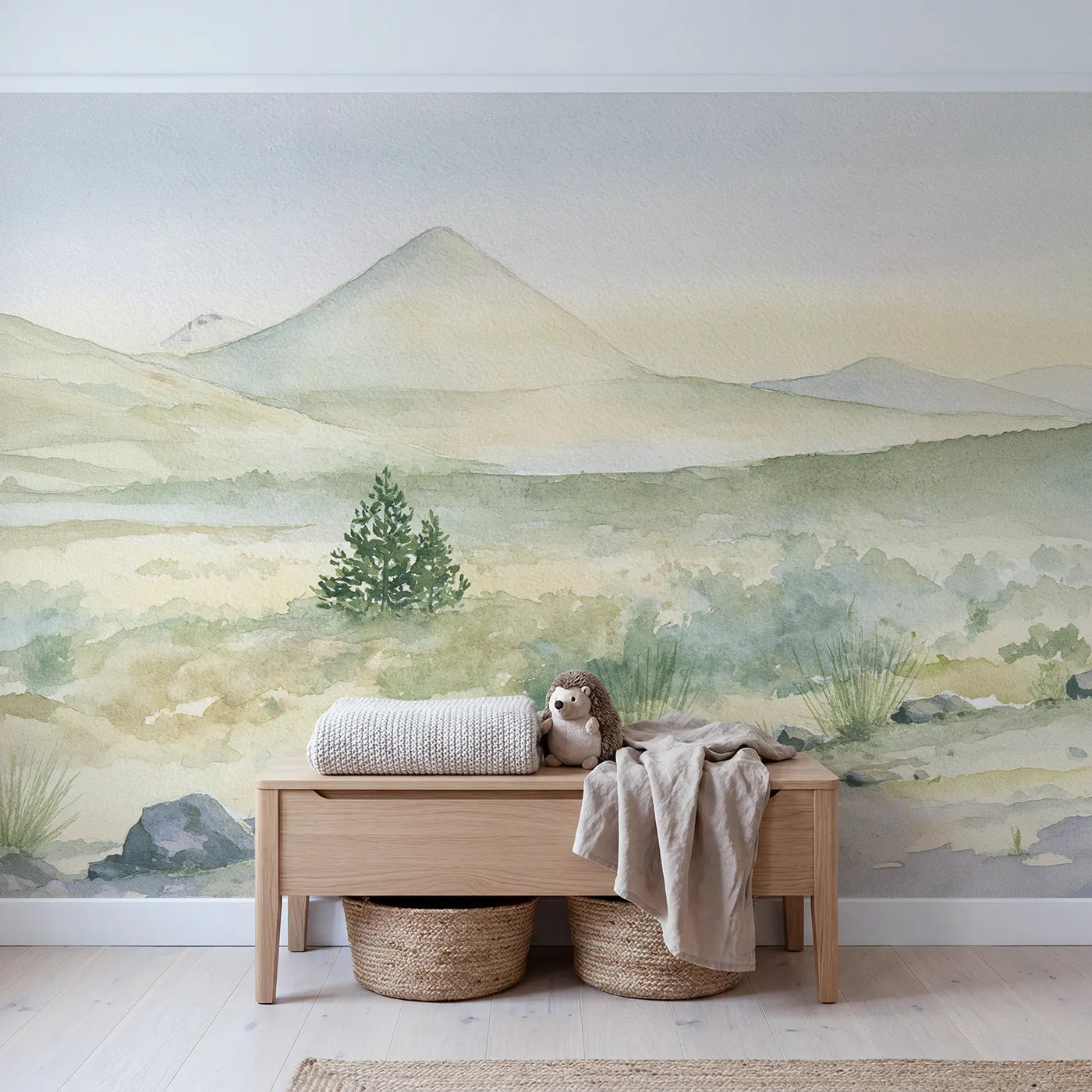 Morning Volcano Hill Pines Wallpaper Mural in playroom setting by Whimsy Tots