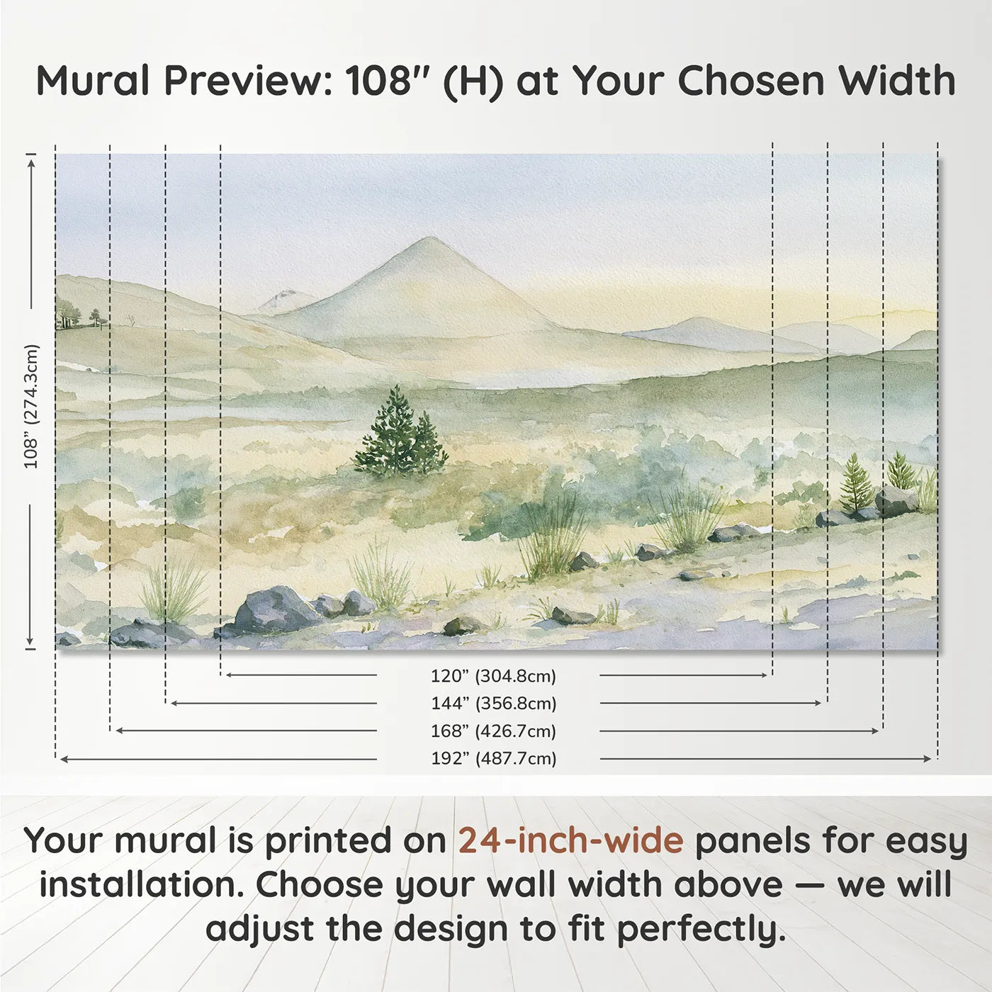 Panel layout and dimensions for Morning Volcano Hill Pines Wallpaper Mural by Whimsy Tots