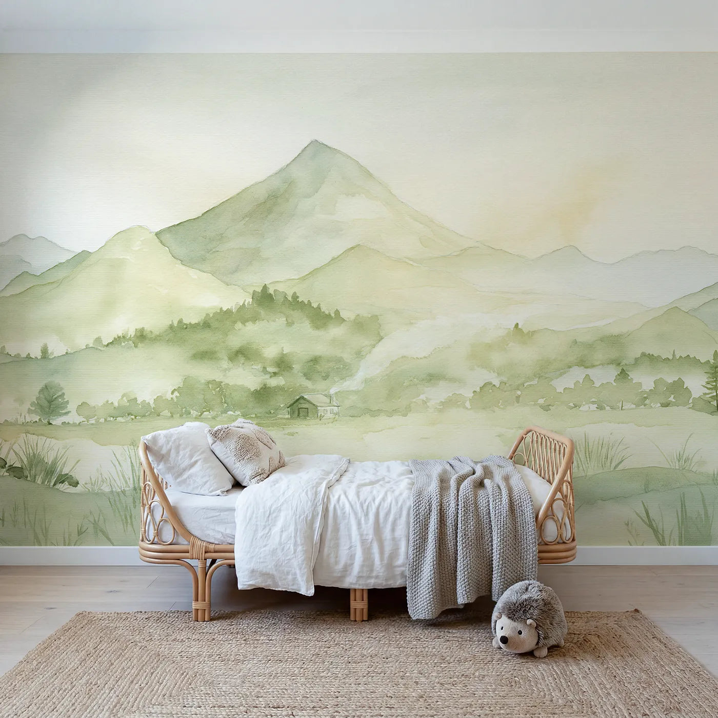 Watercolor wall mural of amber glowing mountains by Whimsy Tots