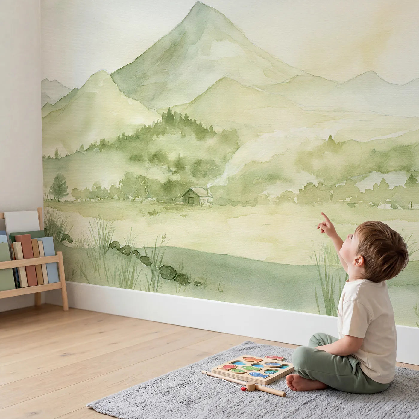 Child in nursery with Morning Volcano Hill Cabin Wallpaper Mural by Whimsy Tots