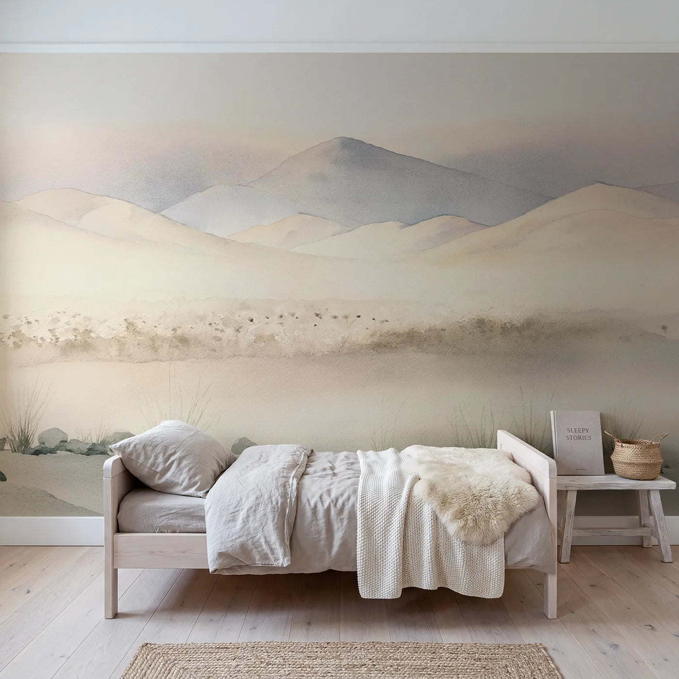 Watercolor wall mural of a ridge in sunset bands by Whimsy Tots