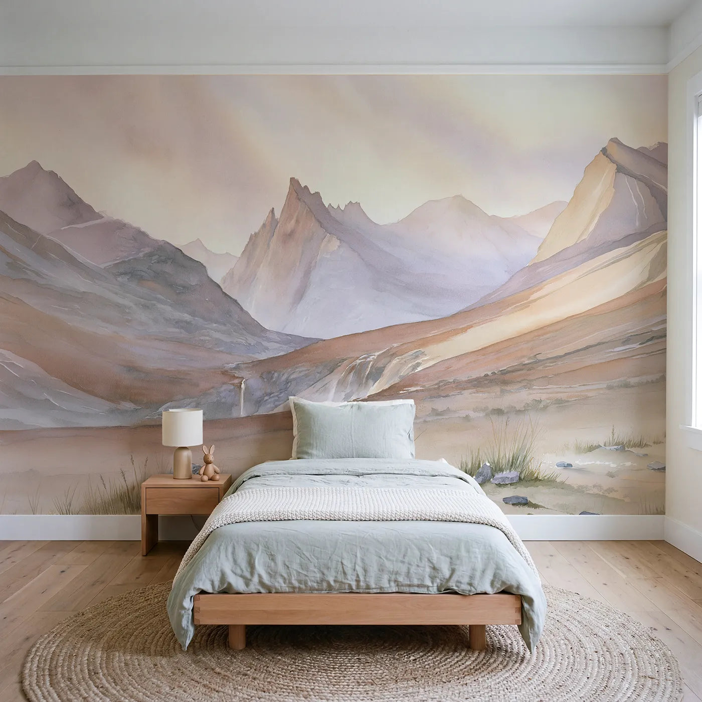 Watercolor wall mural of golden glowing foothills by Whimsy Tots