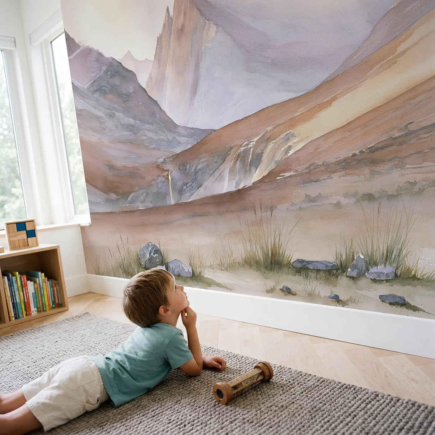 Child in nursery with Dawn Alpine Peaks Falls Wallpaper Mural by Whimsy Tots