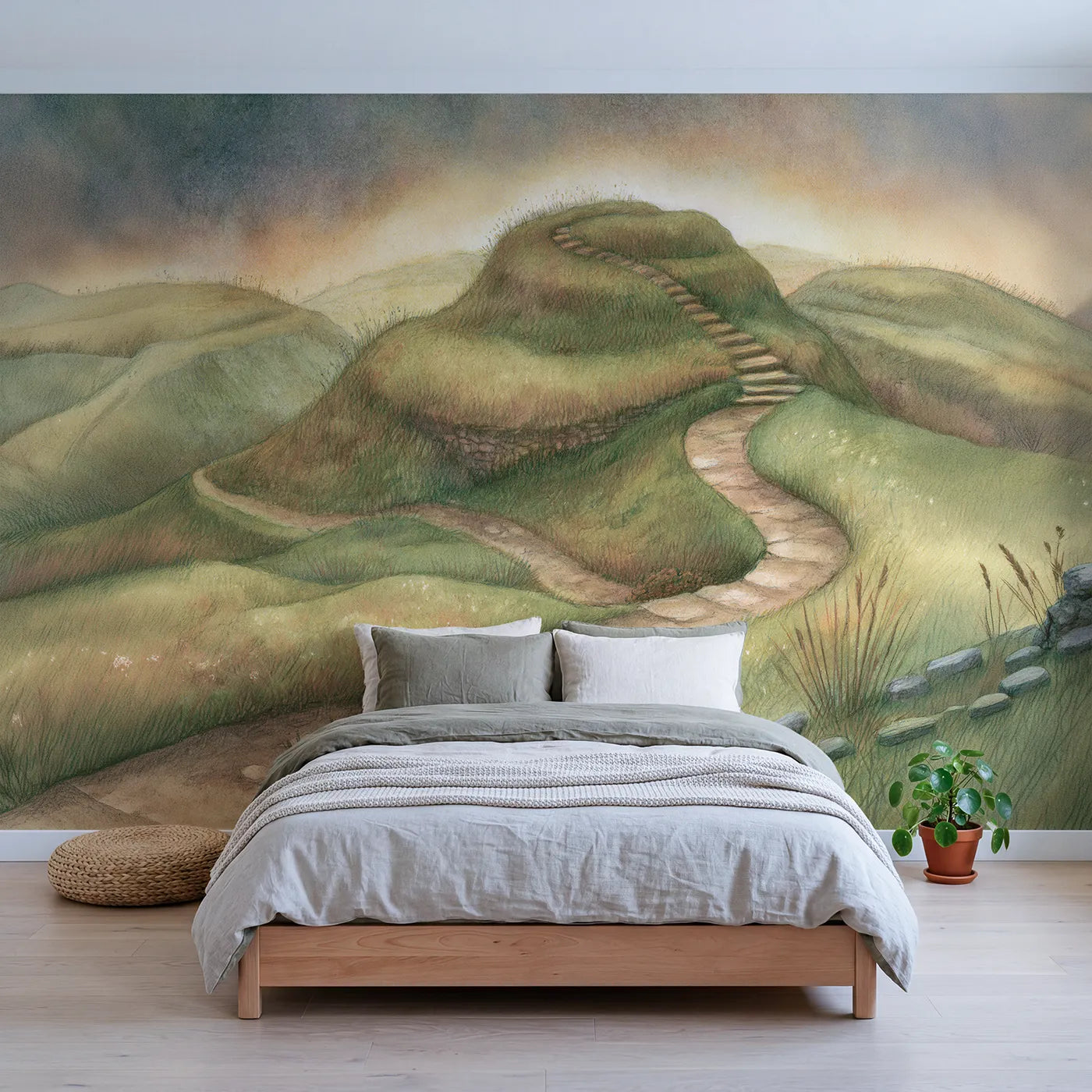 Storybook wall mural of a warm sunset mountain scene by Whimsy Tots