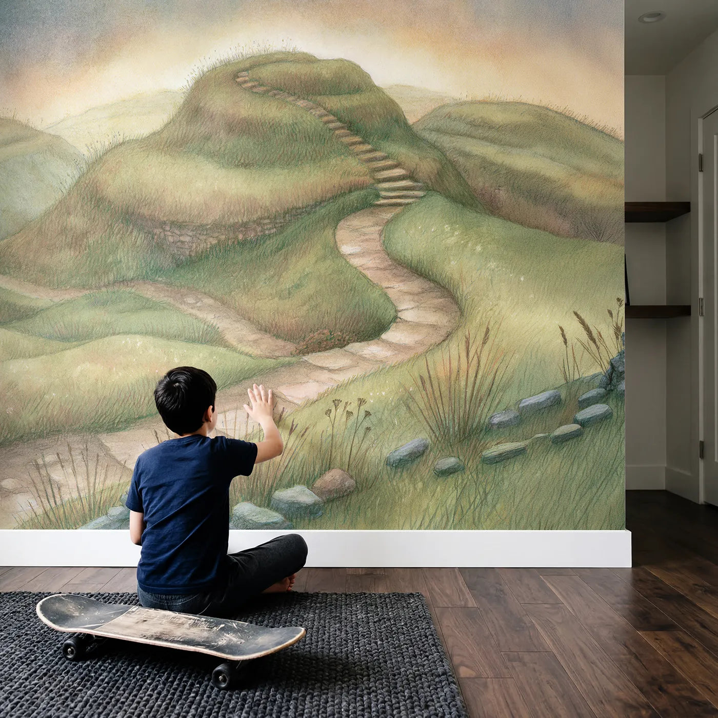Child in nursery with Dusk Terraced Hills Wallpaper Mural by Whimsy Tots