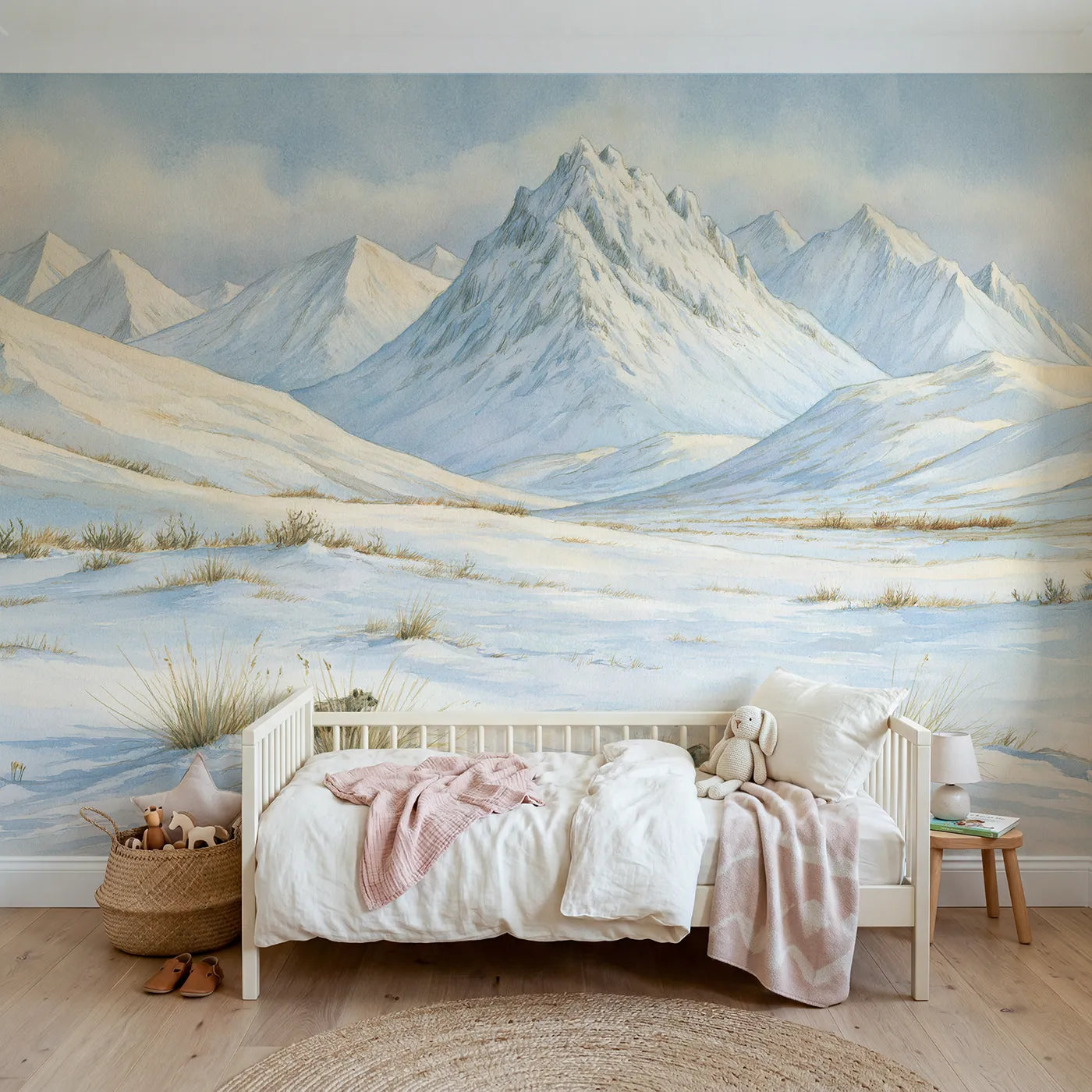 Storybook wall mural of a golden path toward dusk peaks by Whimsy Tots