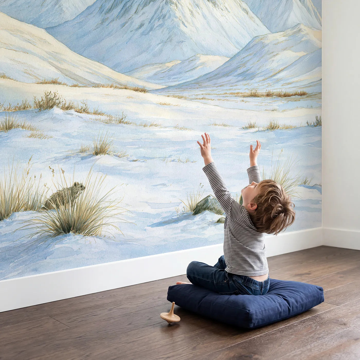 Child in nursery with Morning Alpine Peaks Wallpaper Mural by Whimsy Tots