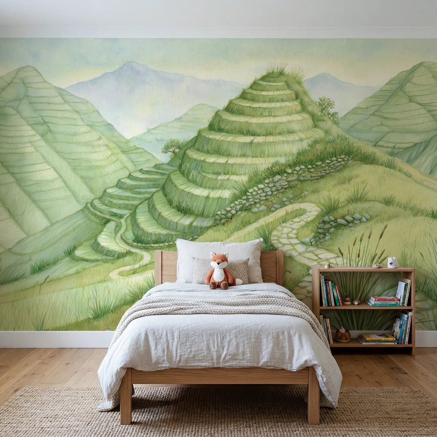 Storybook wall mural of a cozy sunset valley by Whimsy Tots