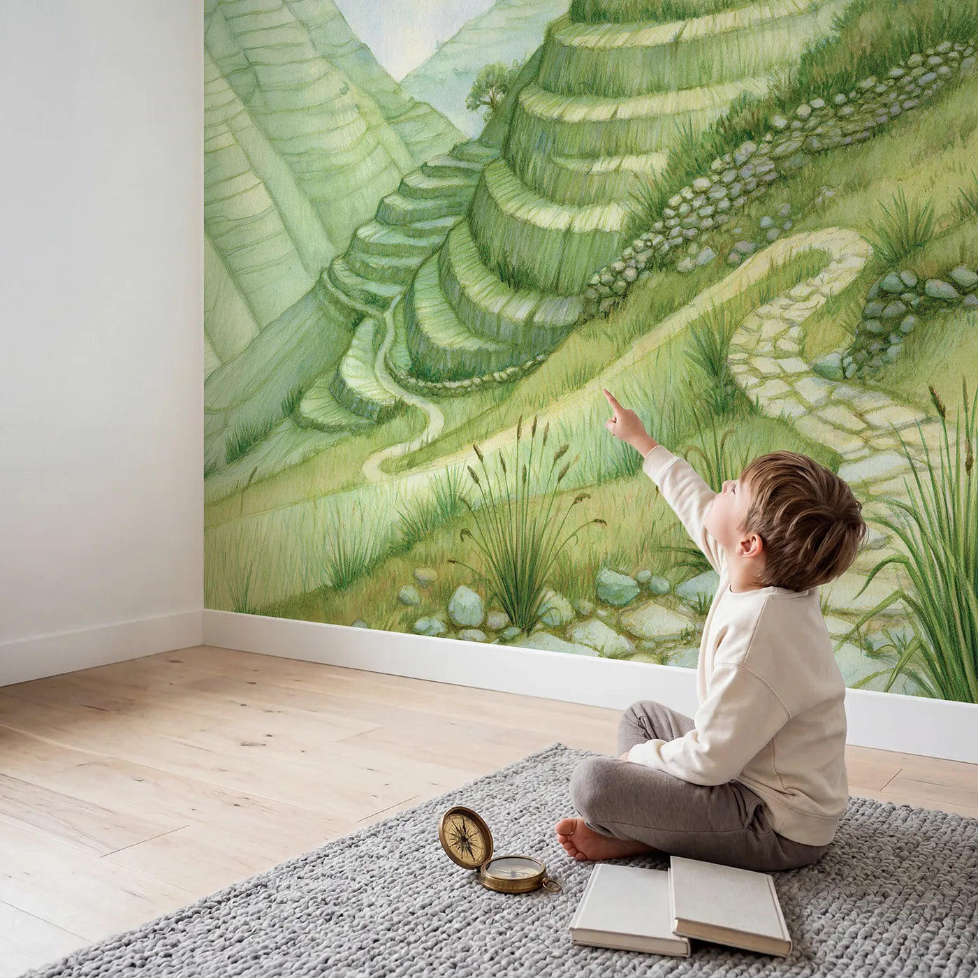 Child in nursery with Morning Terraced Hills Path Wallpaper Mural by Whimsy Tots