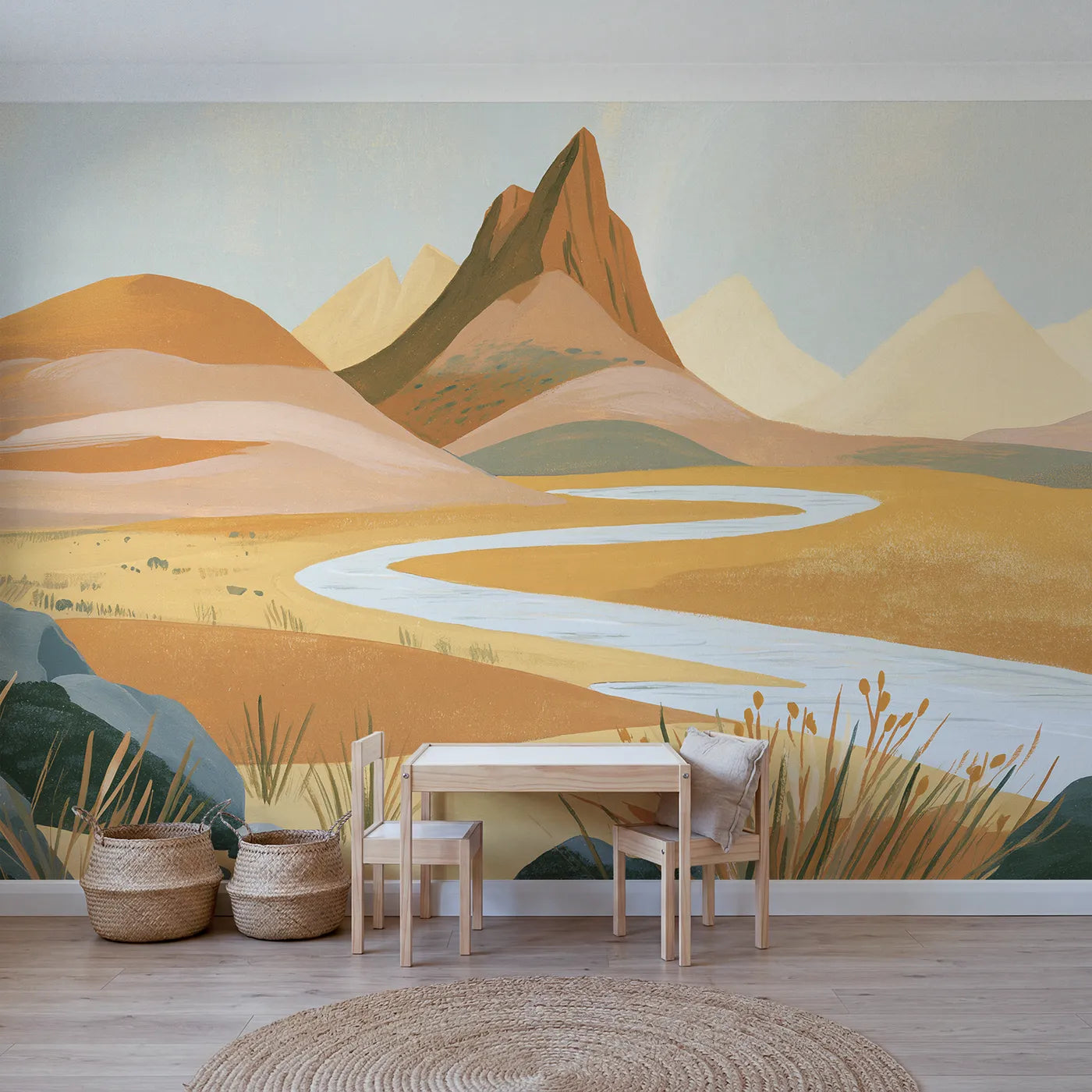 Folk gouache wall mural of a bold mountain peak by Whimsy Tots