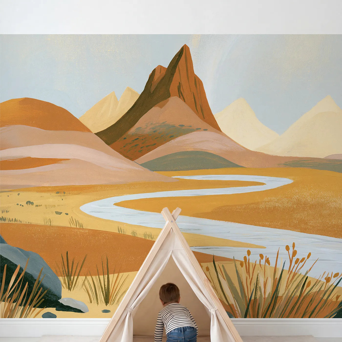 Child in nursery with Folk Midday Alpine Peaks Wallpaper Mural by Whimsy Tots