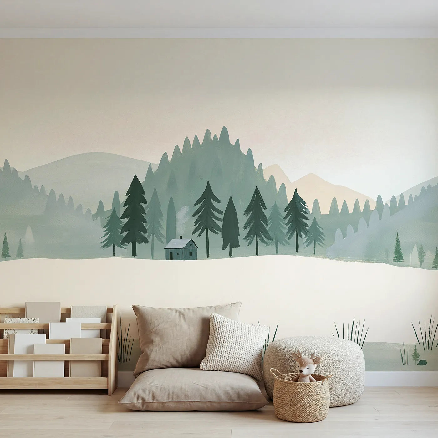 Folk gouache wall mural of bold rolling hills by Whimsy Tots