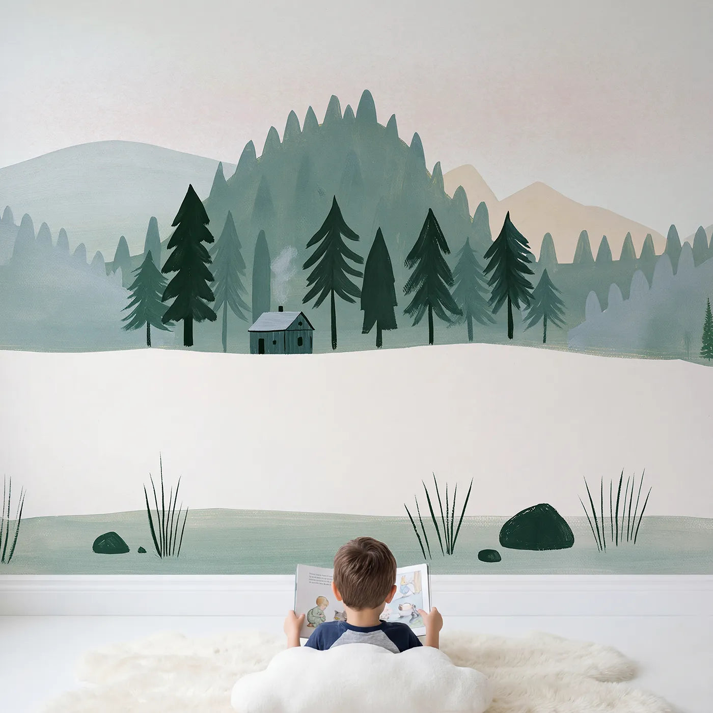 Child in nursery with Folk Dawn Wooded Ridges Wallpaper Mural by Whimsy Tots