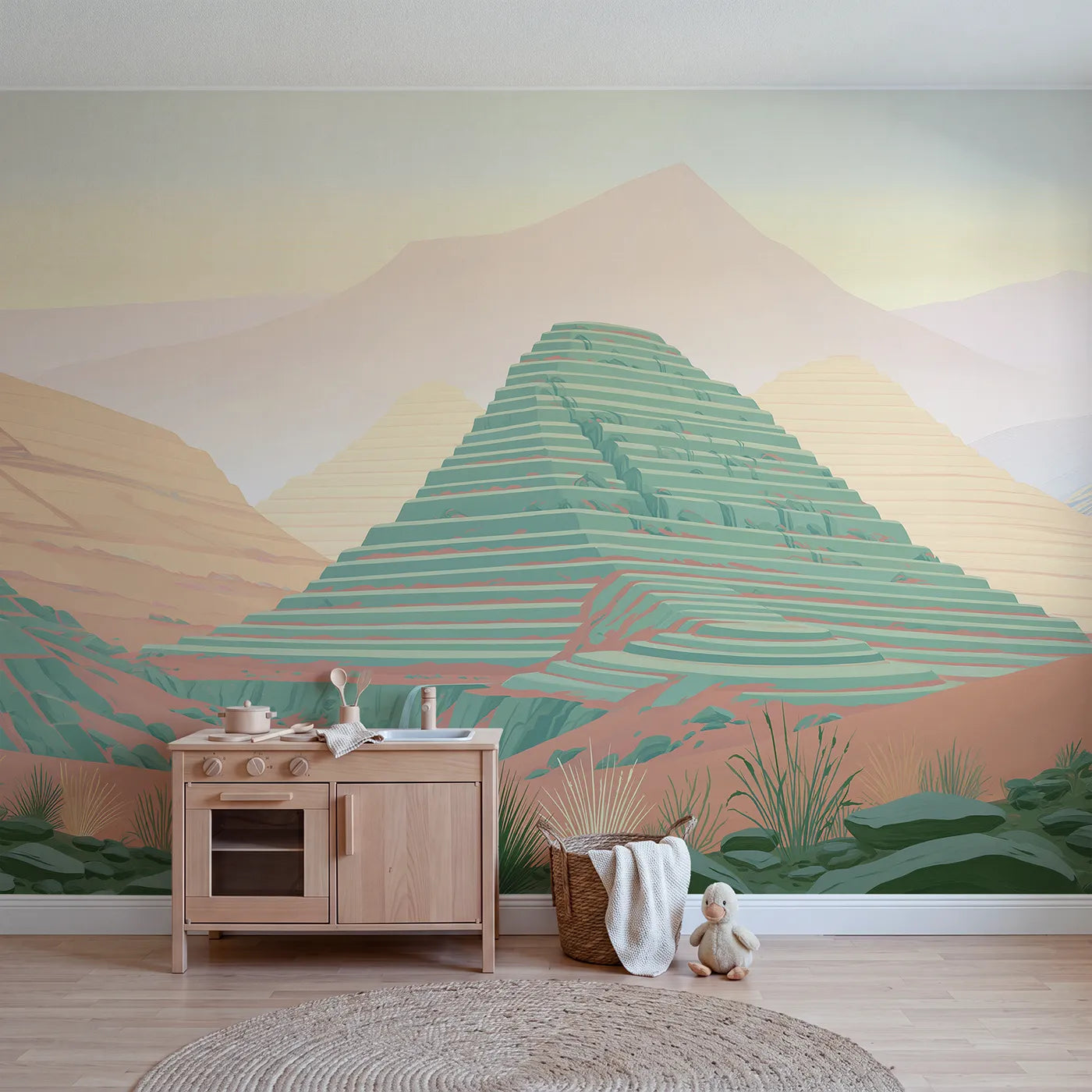 Folk gouache wall mural of a mountain lake scene by Whimsy Tots