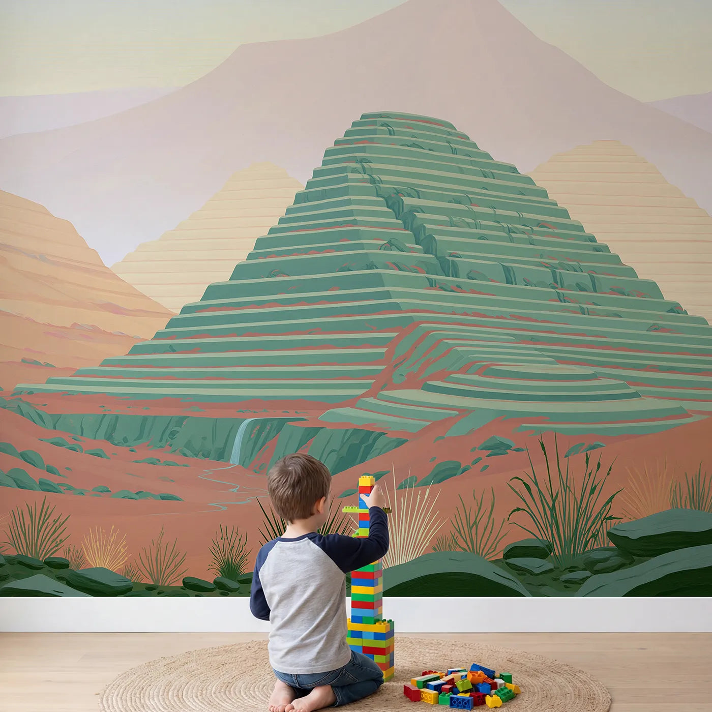 Child in nursery with Folk Dusk Terraced Hills Wallpaper Mural by Whimsy Tots
